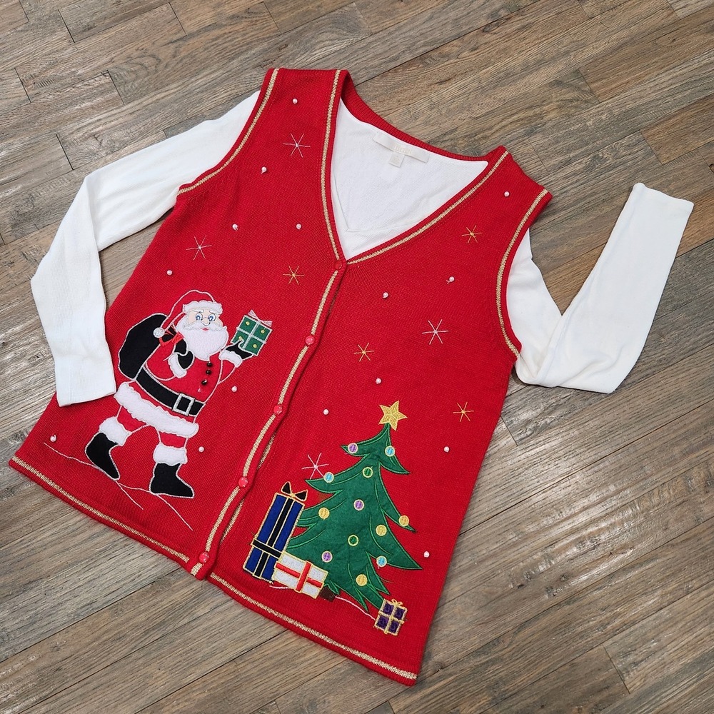 Classic Traditional Red Green Gold Christmas Sweater Vest Santa Tree Star Medium